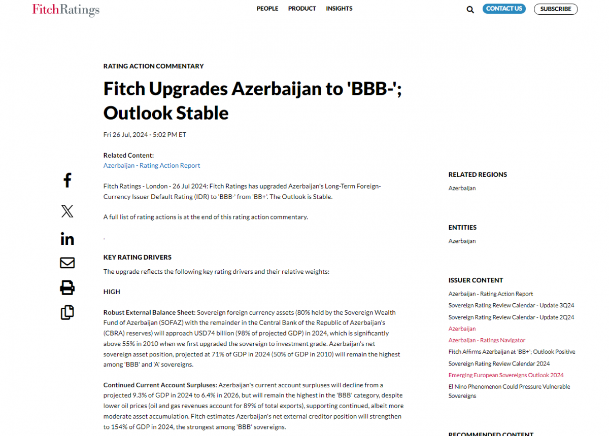 “Fitch Ratings” Azərbaycanın kredit reytinqini artırmaqla əlverişli investisiya mühitini vurğulayır