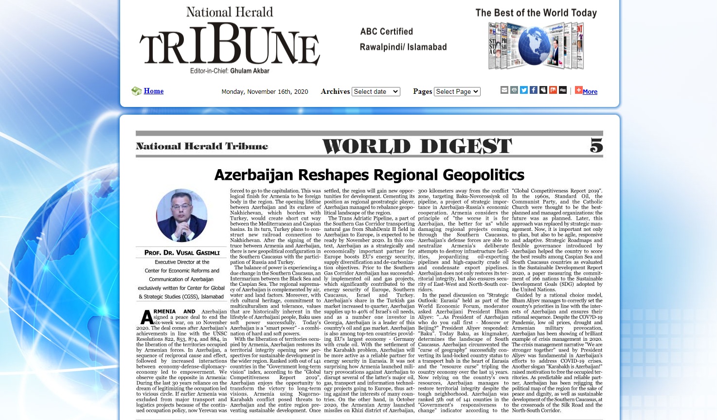Nüfuzlu “National Herald Tribune”: Azərbaycan regionun geopolitikasını yeniləyir