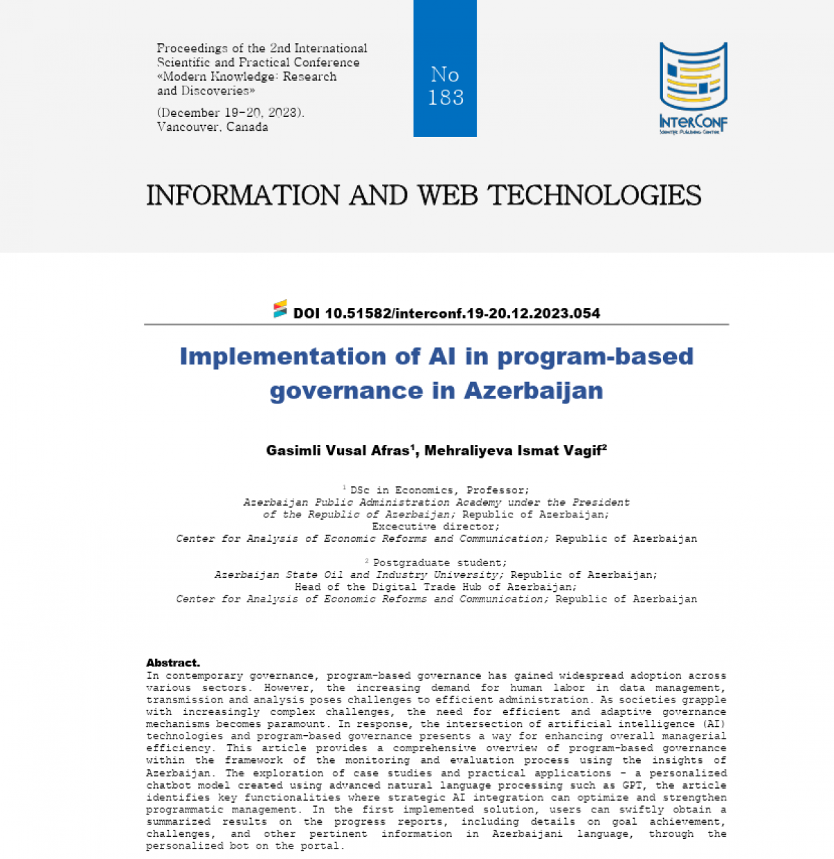An article by Vusal Gasimli on artificial intelligence has been published in an indexed collection in Canada