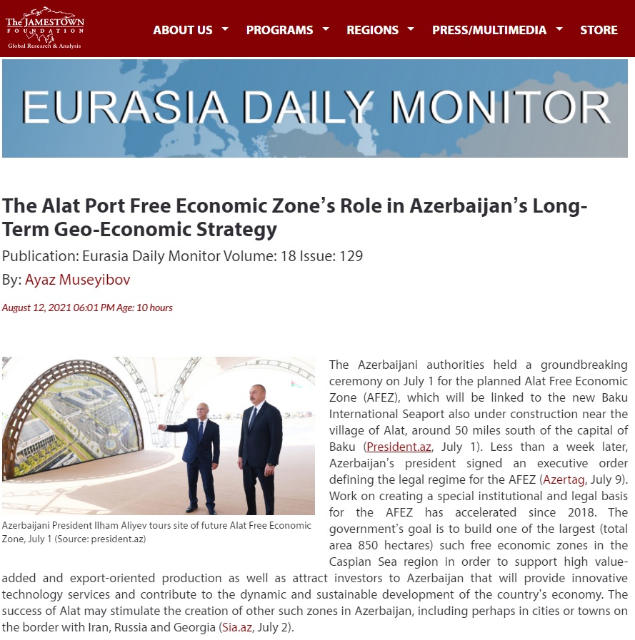 Jamestown Foundation Wrote about Geo-economic Development Strategies of Azerbaijan on the Example of Alat FEZ