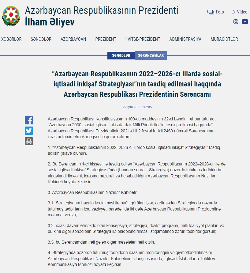 Socio-economic development strategy for 2022-2026 of the Republic of Azerbaijan