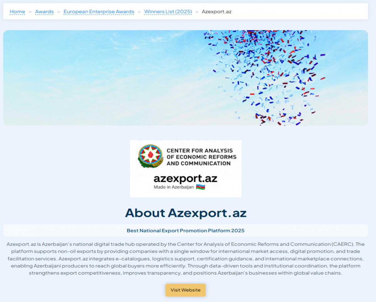 İİTKM-in “Azexport.az” portalı “2025-ci ilin ən yaxşı Milli İxracın Təşviqi Platforması” mükafatına layiq görülüb