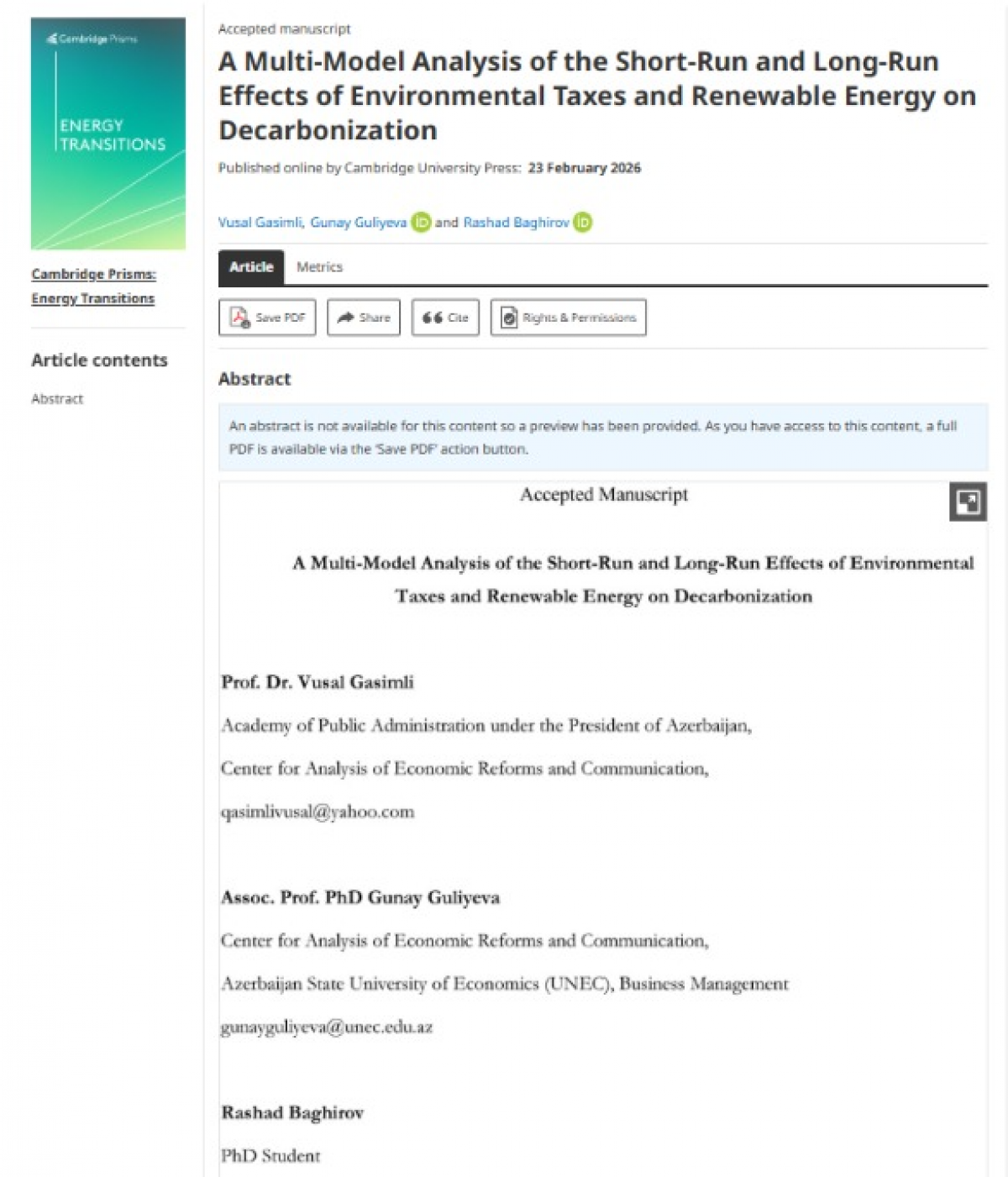 Article Co-authored by Vusal Gasimli published in a Cambridge publication