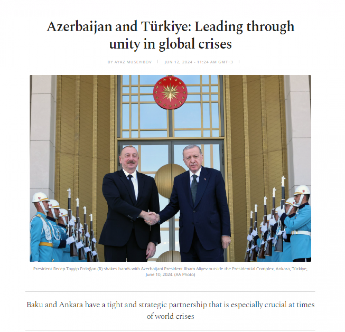 "Dailysabah": “Azerbaijan and Türkiye: Leading through unity in global crises”