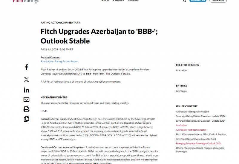 "Fitch Ratings" highlights Azerbaijan's available investment climate by increasing its…