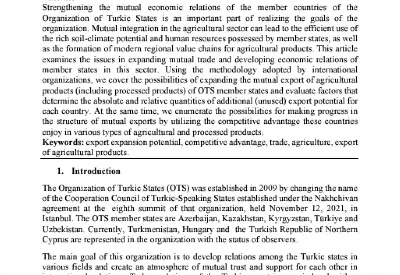 TDT-yə üzv ölkələr arasında kənd təsərrüfatı ixracından bəhs edən elmi məqalə çap olunub