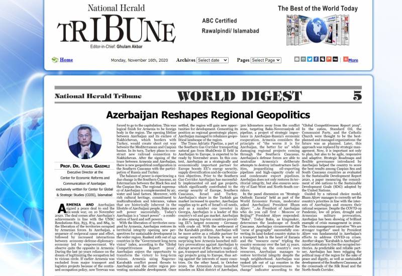 Nüfuzlu “National Herald Tribune”: Azərbaycan regionun geopolitikasını yeniləyir